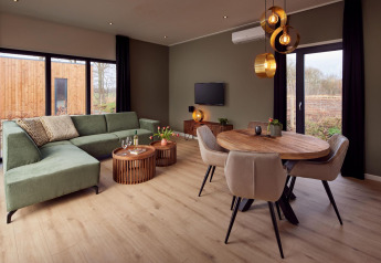 Salón moderno en Holiday villa Amalia con sofá verde, mesa de comedor y grandes ventanas en Hofparken De Bergvennen.