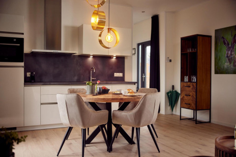 Cocina moderna y comedor en la Holiday Villa Amalia + sauna en Hofparken De Bergvennen, Países Bajos.