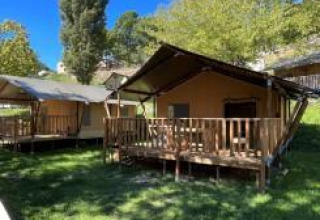 Safari tents with wooden decks set on green grass, surrounded by trees under a clear blue sky.