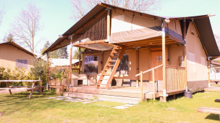 Safari-Zelt Ranger auf dem Campingplatz Vossenberg in den Niederlanden mit Holzterrasse und Sitzbank.