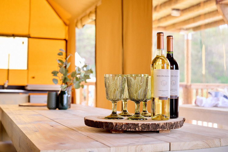 Vino y copas sobre bandeja de madera en Safari tent Ranger, Camping Vossenberg, Países Bajos, ambiente soleado.