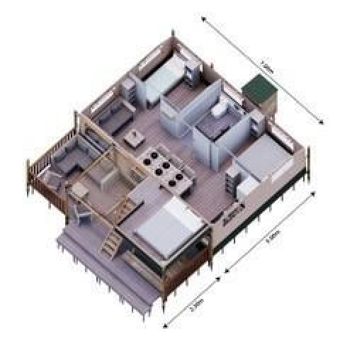 Plano 3D de la tienda Safari Ranger en Camping Vossenberg, Países Bajos, con detalles de habitaciones y diseño.