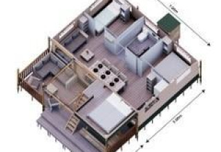 3D floor plan of Safari tent Ranger at Camping Vossenberg in the Netherlands, showing rooms and layout.
