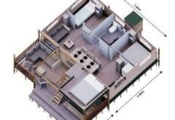 Plano 3D de la tienda Safari Ranger en Camping Vossenberg, Países Bajos, con detalles de habitaciones y diseño.