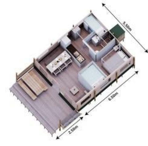 Plano de la tienda Safari Cottage en Camping Vossenberg, Países Bajos, con disposición, mobiliario y medidas.