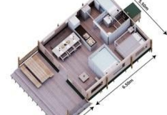 Plano de la tienda Safari Cottage en Camping Vossenberg, Países Bajos, con disposición, mobiliario y medidas.
