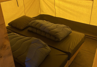 Interieur van safaritent met twee bedden en beddengoed bij Holiday Park Duinhoeve in Nederland, warm licht.