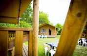 Udsigt til safari telt Glamping Deluxe type 1 i Holiday Park Duinhoeve, Holland, omgivet af grønt.