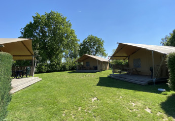 Tres tiendas safari Glamping Deluxe tipo 1 en Holiday Park Duinhoeve, Países Bajos, sobre césped verde.