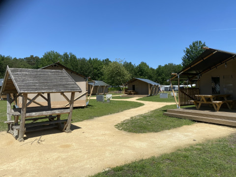 Glamping Deluxe tipo 2 en Holiday Park Duinhoeve, Países Bajos, con tiendas, bancos de madera y entorno natural.
