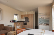 Indvendigt billede af Dune Lodge Family på Camping Zonneweelde i Holland med moderne køkken og opholdsområde.