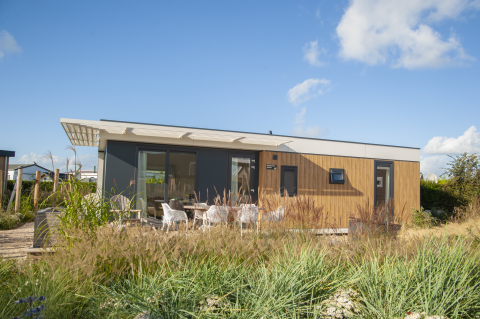 Dune Lodge Family auf Camping Zonneweelde in den Niederlanden mit moderner Fassade und Gartenmöbeln.