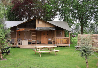 Tenda safari Ranger DeLuxe con veranda e panchina su prato al Camping Vossenberg nei Paesi Bassi.