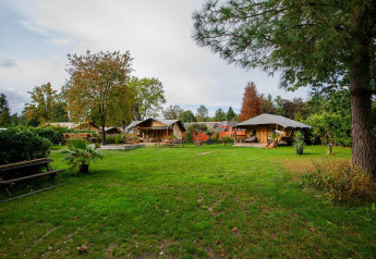 Vista di un campeggio erboso con tende safari di lusso e vasca idromassaggio al Camping Vossenberg in Olanda.