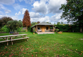 Safaritent Cottage Kaa bij Camping Vossenberg in Nederland, temidden van bomen en een grote grasweide.