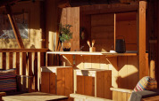 Acogedora cocina de tienda safari con muebles de madera, plantas, cojines y luz cálida al atardecer.