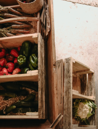 Verduras frescas como zanahorias, pimientos y coliflor en cajas de madera en una granja en Hauts-de-France.