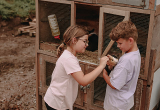 Dos niños alimentan y acarician a una cobaya frente a una jaula en Feather Down Fermette des trois tilleuls, Francia.