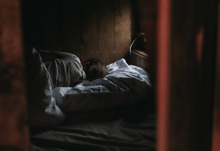 Een persoon ligt in bed in een donkere houten kamer bij Feather Down Fermette des trois tilleuls, Frankrijk.