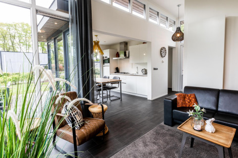 Lodge moderne Z Module à Landgoed de Scheleberg, Pays-Bas, avec salon lumineux, cuisine ouverte et vue sur jardin.