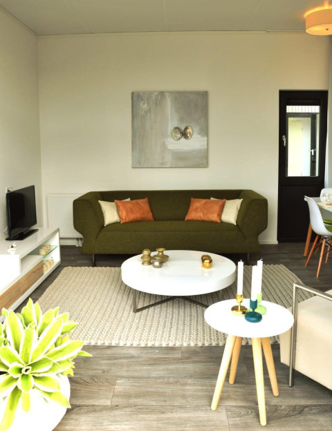 Salon moderne du lodge Cube la Mer 4 à Schoneveld, Pays-Bas, avec canapé vert et déco contemporaine.