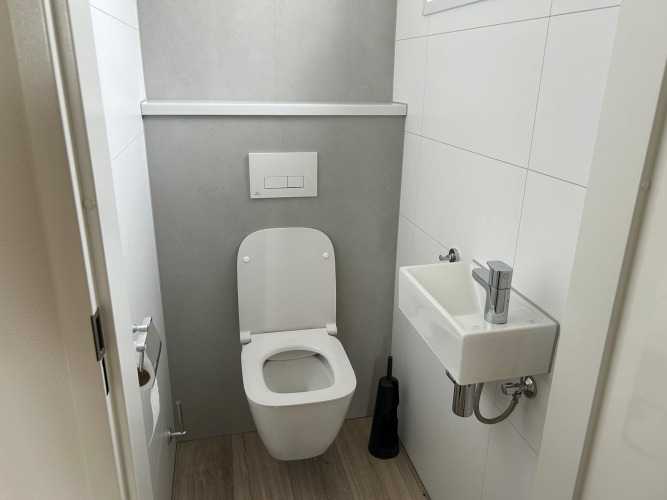 Baño moderno con inodoro flotante, lavabo pequeño y suelo de madera en Just Nature Light en los Países Bajos.