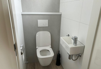 Baño moderno con inodoro flotante, lavabo pequeño y suelo de madera en Just Nature Light en los Países Bajos.