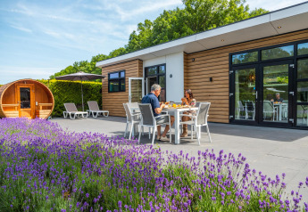 Koppel eet buiten aan Deluxe Sauna-cabin van EuroParcs Noordwijkse Duinen, lavendel op de voorgrond.