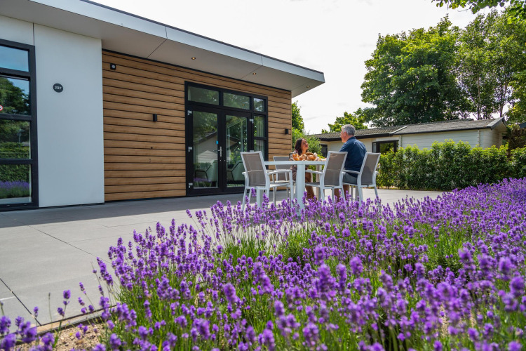 Pareja sentada en una mesa exterior frente a la cabaña Deluxe Sauna en EuroParcs Noordwijkse Duinen, Países Bajos.