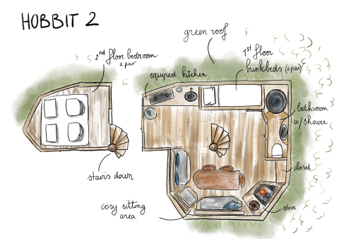 Handgetekende plattegrond van Hobbit 2 in Cosy Cabins, Limburg, België, toont kamers en faciliteiten.
