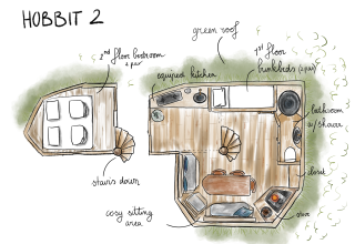 Handgetekende plattegrond van Hobbit 2 in Cosy Cabins, Limburg, België, toont kamers en faciliteiten.