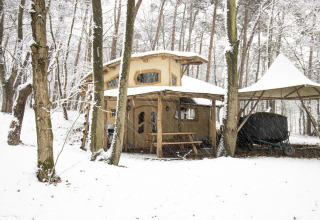 Lodge Hobbit House en Cosy Cabins, bosque nevado de Limburg, Bélgica, rodeado de altos árboles.