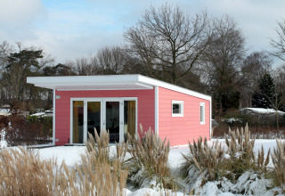 Roze tiny house Valley Chalet in de sneeuw bij Holiday park Ackersate, Nederland, omringd door bomen.