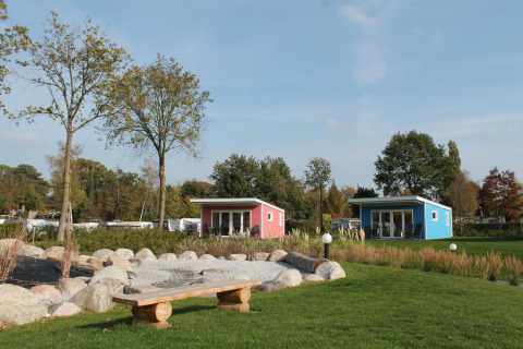 Kleurrijke tiny houses bij Valley Chalet, Holiday park Ackersate, Nederland, omringd door gras en bomen.