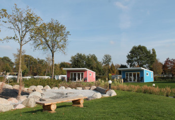 Kleurrijke tiny houses bij Valley Chalet, Holiday park Ackersate, Nederland, omringd door gras en bomen.