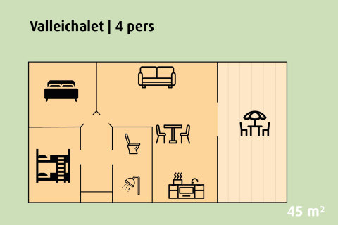Plano del Valley Chalet para 4 personas en Holiday park Ackersate, Países Bajos, con todas las habitaciones y comodidades.