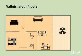 Floor plan of Valley Chalet for 4 people at Holiday park Ackersate, Netherlands, showing all rooms and amenities.