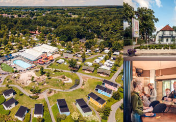 Luftaufnahme eines Glamping-Resorts mit bunten Lodges, Pool, Empfangsbereich und anreisenden Gästen.