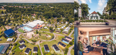 Vista aérea de un resort glamping con cabañas de colores, piscina, recepción y huéspedes registrándose.