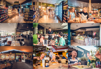 A collage of photos at a glamping accommodation featuring a supermarket, restaurant, and families dining.