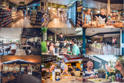 Un collage de fotos en un alojamiento glamping con supermercado, restaurante y familias disfrutando juntas.