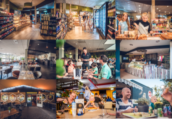Een collage van foto’s bij een glampingaccommodatie met supermarkt, restaurant en etende families.