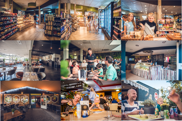 Eine Collage mit Fotos aus einer Glamping-Unterkunft, mit Supermarkt, Restaurant und Essensszenen.