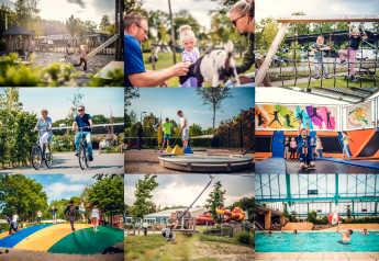 Children and adults enjoy activities such as cycling, trampolining, playgrounds, and swimming at a glamping site.