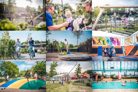 Børn og voksne nyder aktiviteter som cykling, trampolin, legeplads og svømning på et glampingsted.