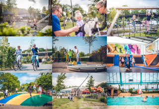Niños y adultos disfrutan de ciclismo, trampolín, parque infantil y piscina en un alojamiento glamping.