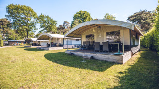 Safaritentvilla’s op vakantiepark Ackersate in Nederland met houten veranda’s en groene omgeving.