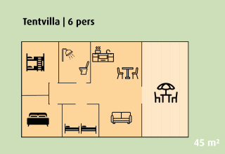 Planimetria della Tentvilla per 6 persone, 45 m², con camere, bagno, cucina, soggiorno e terrazza.
