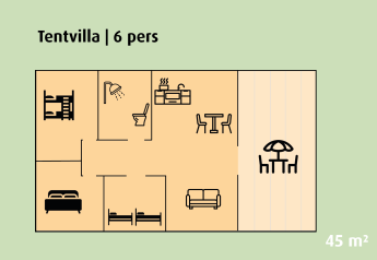 Planimetria della Tentvilla per 6 persone, 45 m², con camere, bagno, cucina, soggiorno e terrazza.