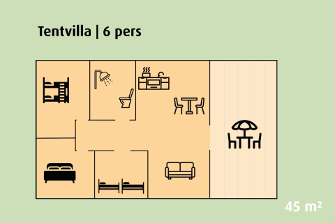Planimetria della Tentvilla per 6 persone, 45 m², con camere, bagno, cucina, soggiorno e terrazza.